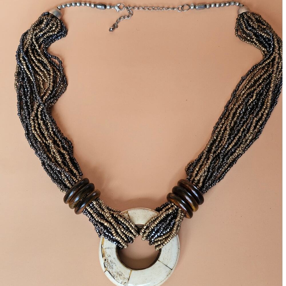 Vintage 80s Maximalist Multi Strand Brown Black Beaded Statement Necklace - Picture 2 of 7